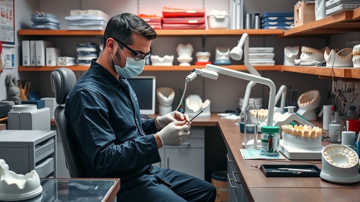 Fogtechnikus a laborban munkához készülődve