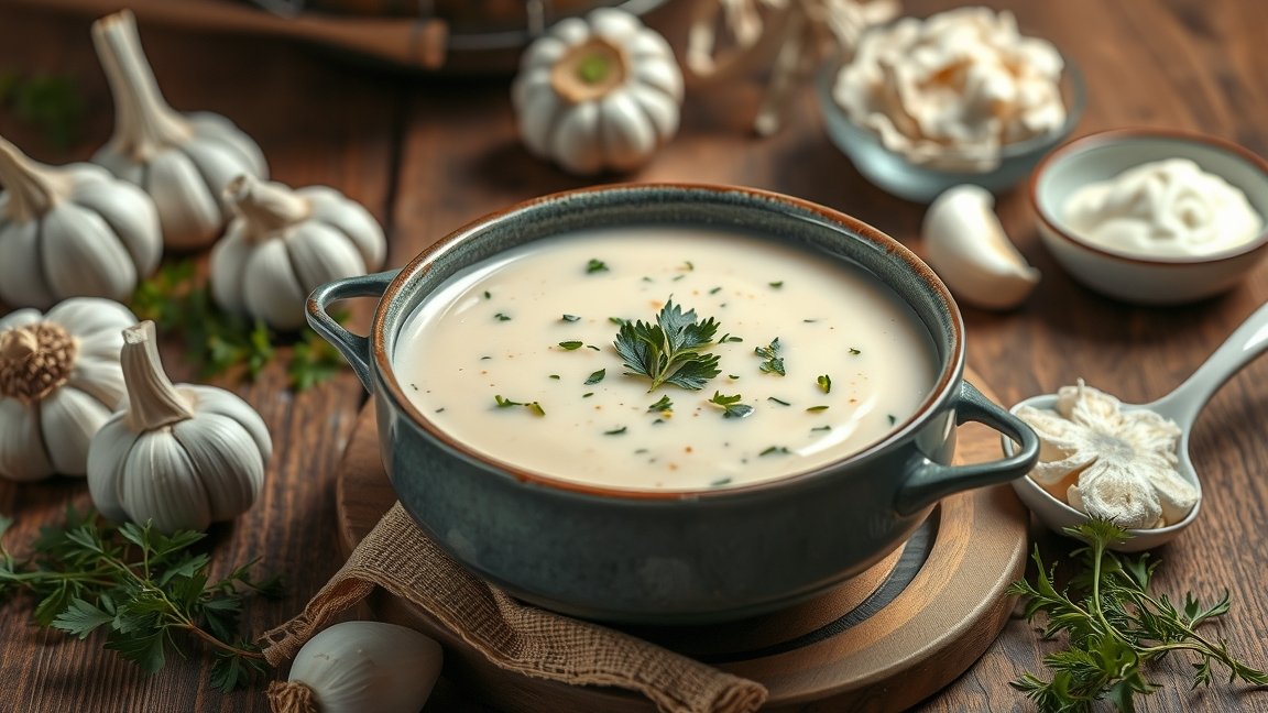 Fokhagymakrémleves friss fűszerekkel, fokhagyma környezetben