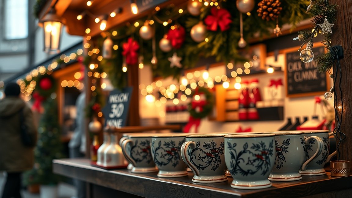 Karácsonyi vásár forralt bor standja díszítéssel és alapanyagokkal