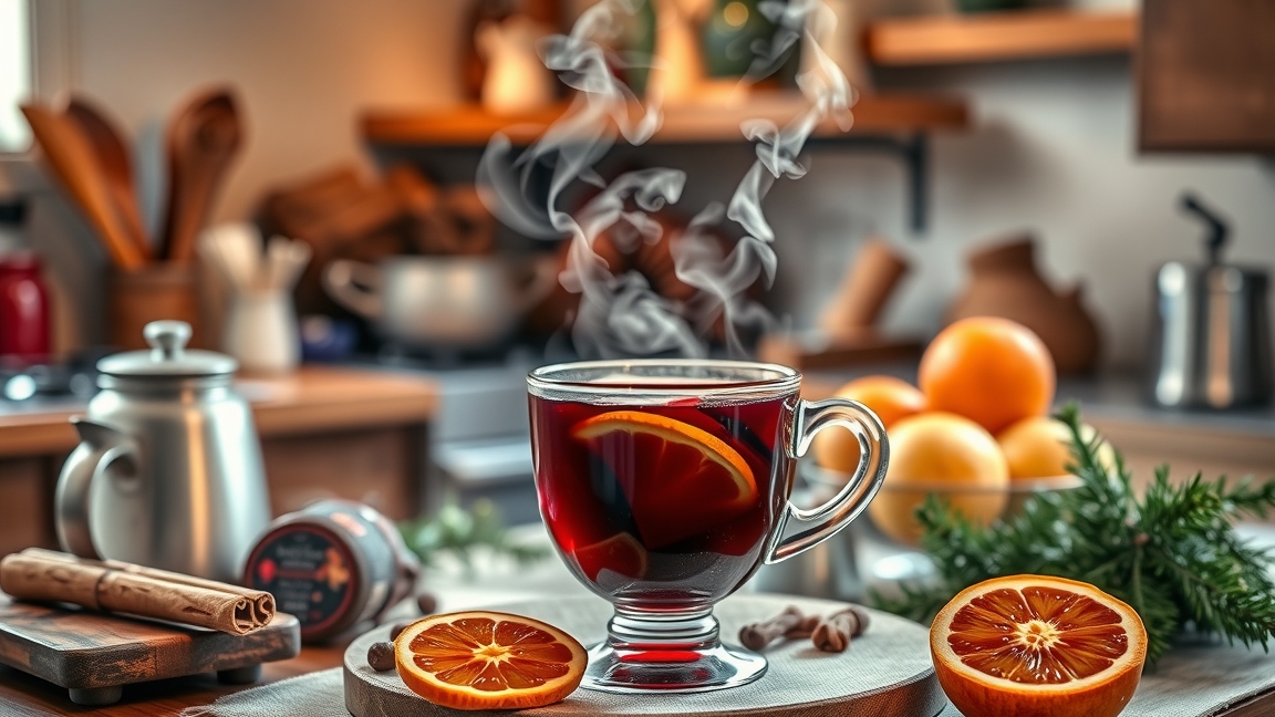 Forralt bor fűszerekkel és narancs szeletekkel egy pohárban.