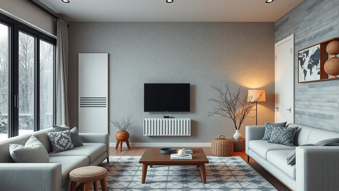 Modern nappali fűtőpanellel és kényelmes bútorokkal