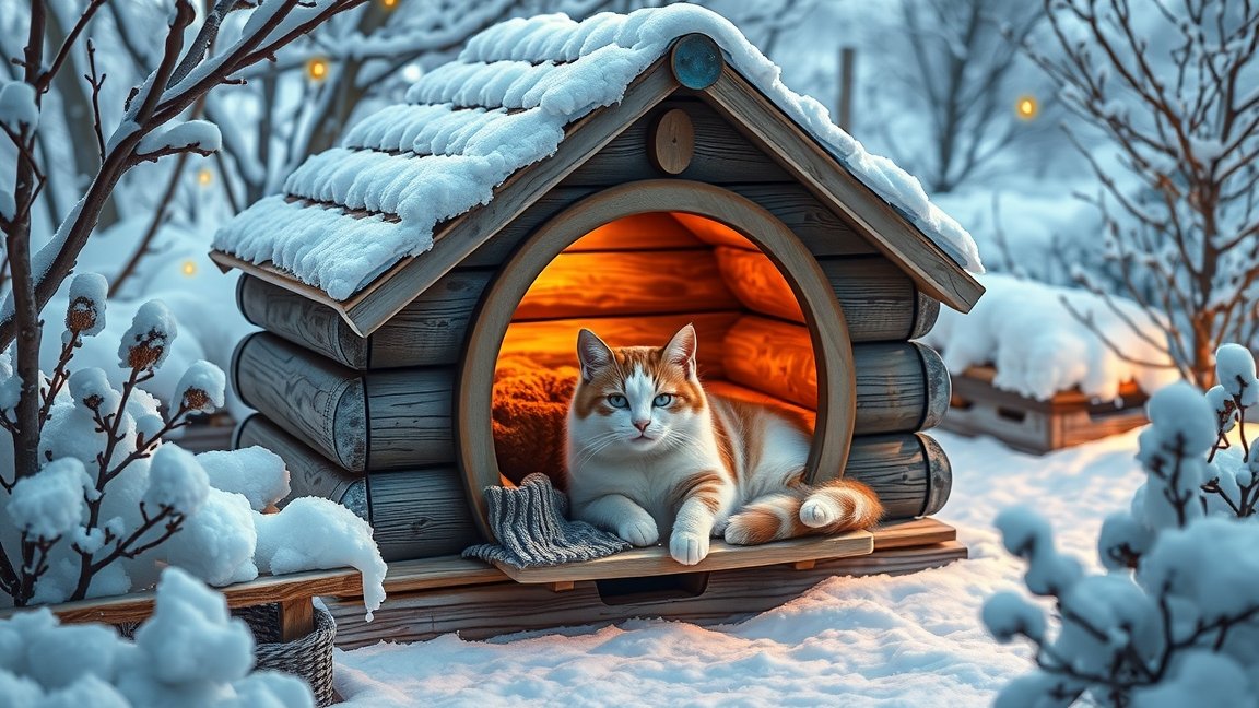 Fűtött macskaház télben, cuki macska a bejáratnál.