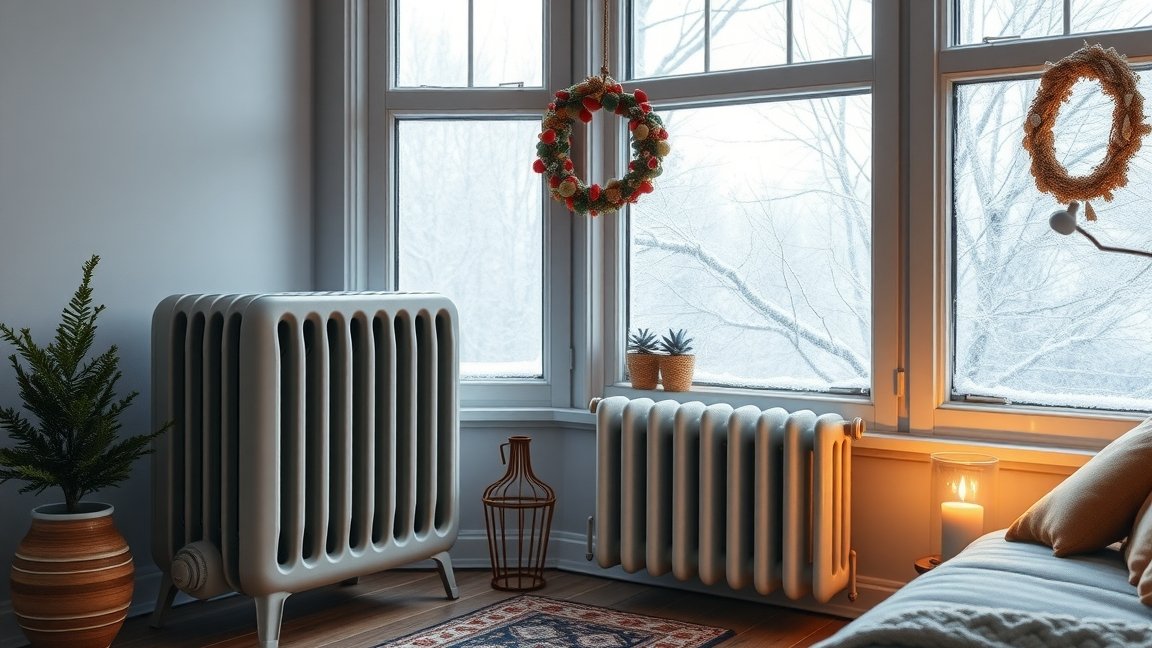 Gázkonvektor és téli dekoráció egy otthonban