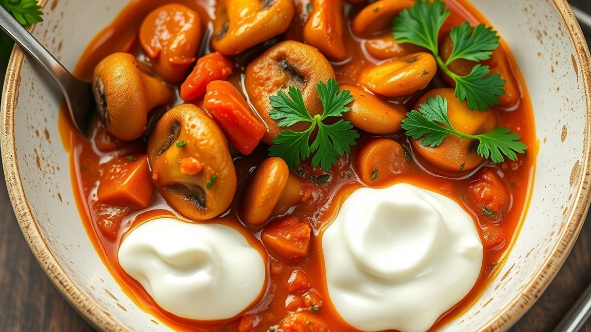 Gombapaprikás friss zöldségekkel és tejföllel tálalva