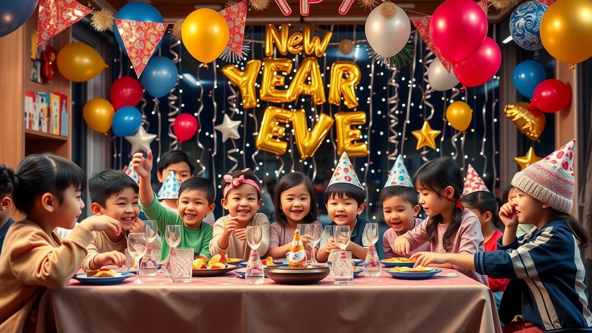 Gyerekek szilveszteri ünneplés közben színes dekorációval.