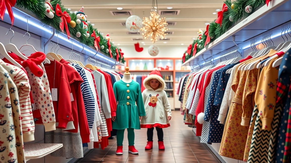 Karácsonyi gyermekruha üzlet ünnepi darabokkal.