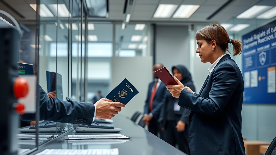 Nő útlevél ügyintézés közben, hivatalos ügyintézők környezetében.