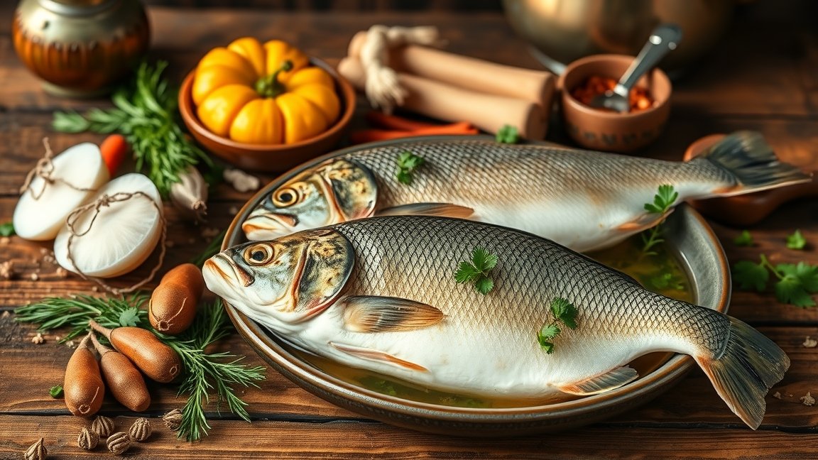 Friss pontyfilé és fűszerek halászlé készítéséhez