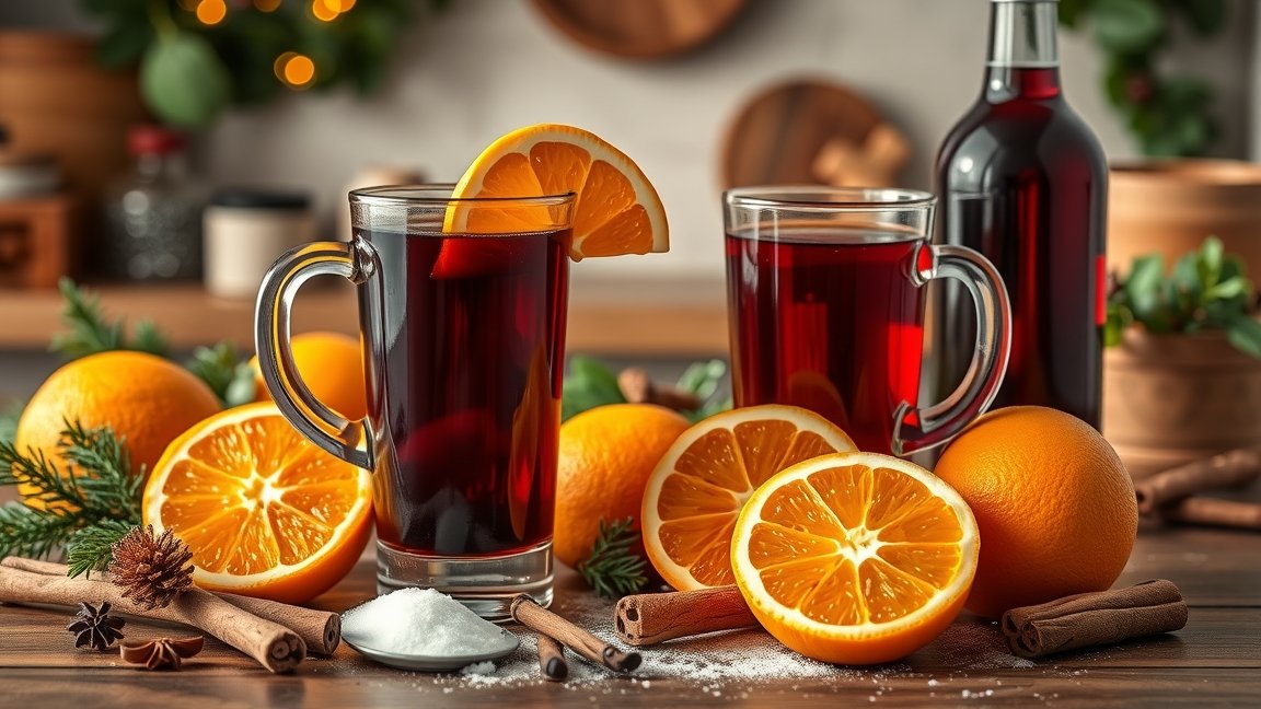 Házilag készített forralt bor narancs és fűszerek mellett
