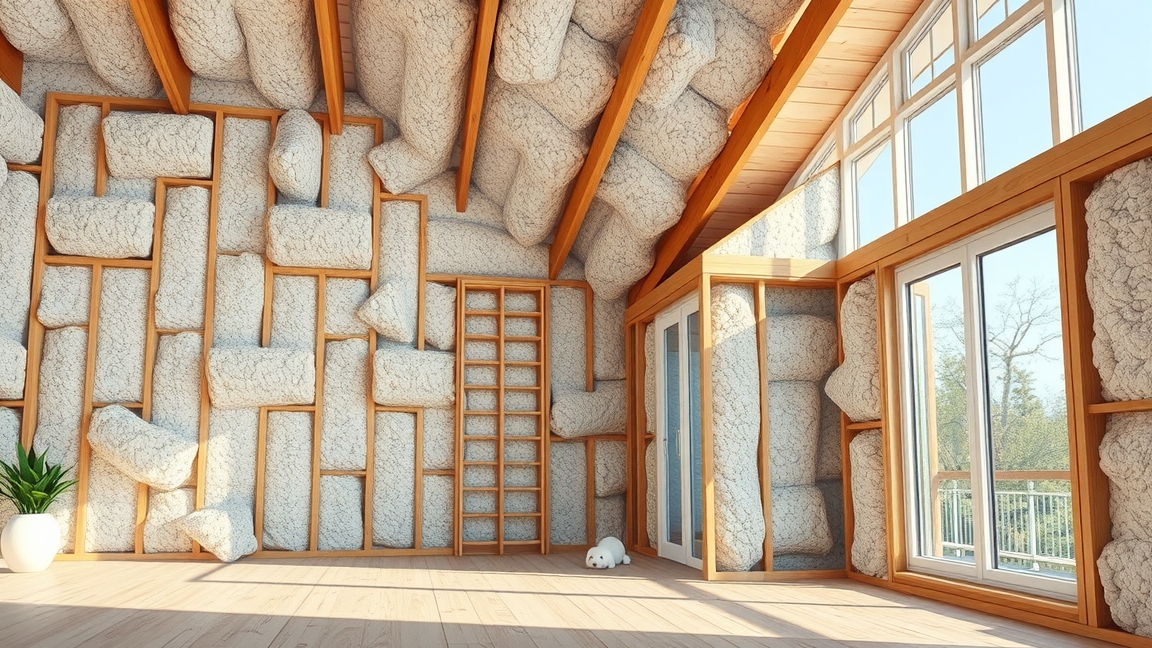 Modern ház belső tér szigeteléssel és nagy ablakokkal