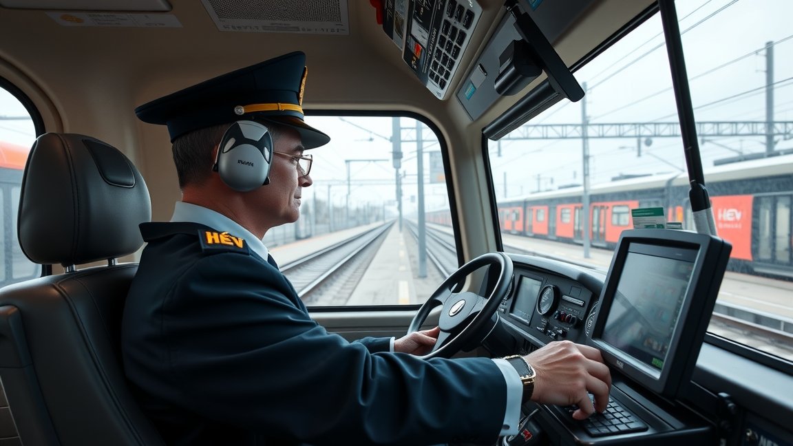 HÉV-vezető a vezetőfülkéjében, a mozdony irányítása alatt