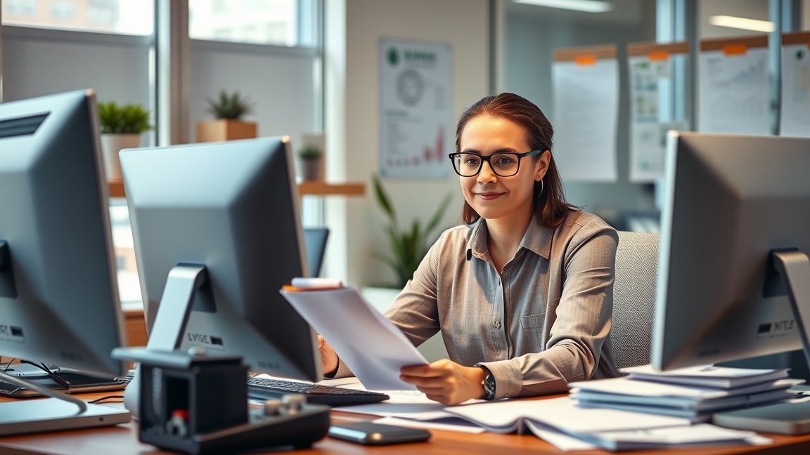 Hitelügyintéző nő az irodában, dokumentumokat nézve
