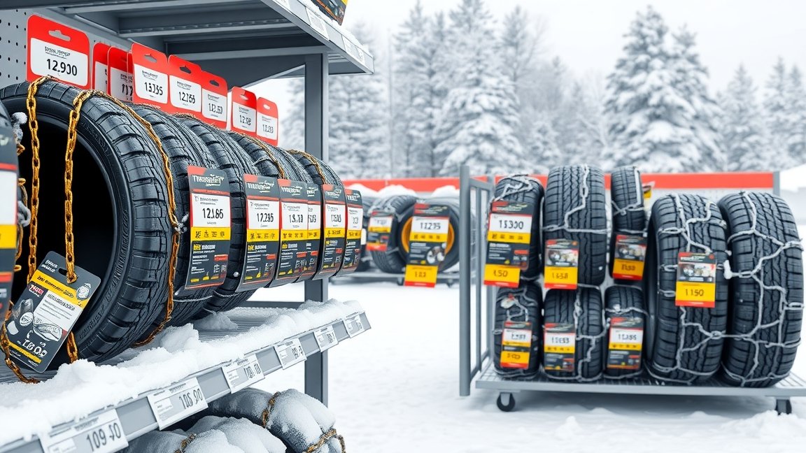 Hóláncok és téli gumik egy autós boltban hóval borított környezetben.