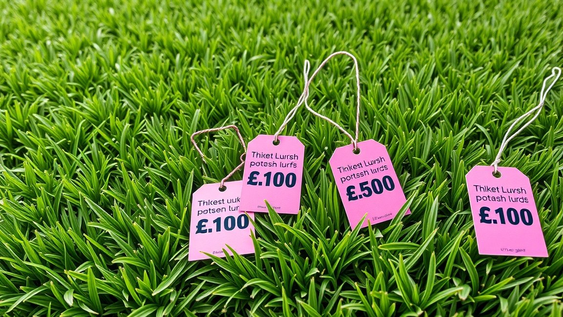 Holland pázsit árak jelzők között zöld fű háttérrel.