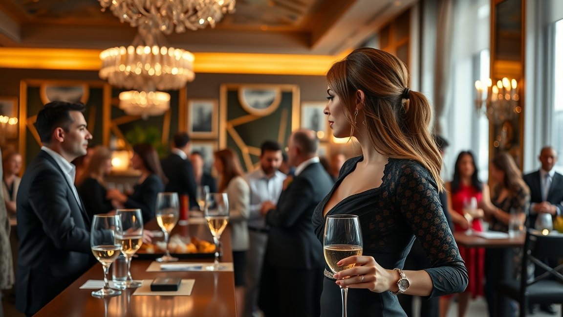 Elegáns hostess egy rendezvényen pezsgővel a kezében