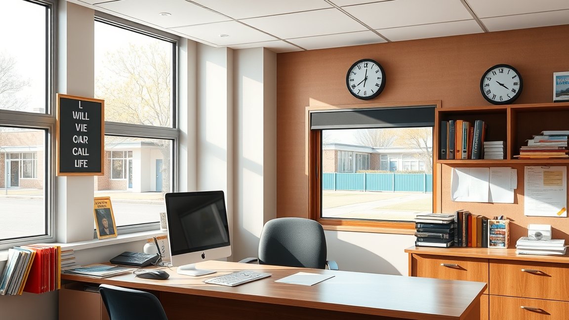 Igazgatóhelyettes irodája modern berendezéssel és világos ablakaival