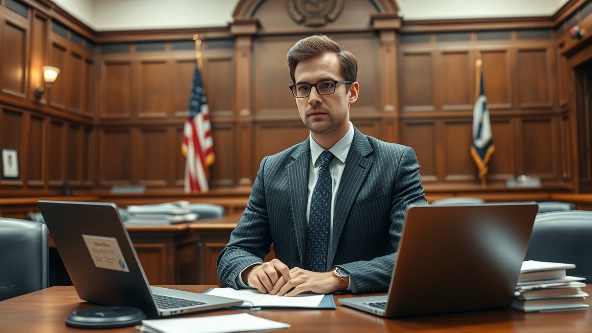 Igazságügyi szakértő egy bírósági teremben, modern irodai környezetben.