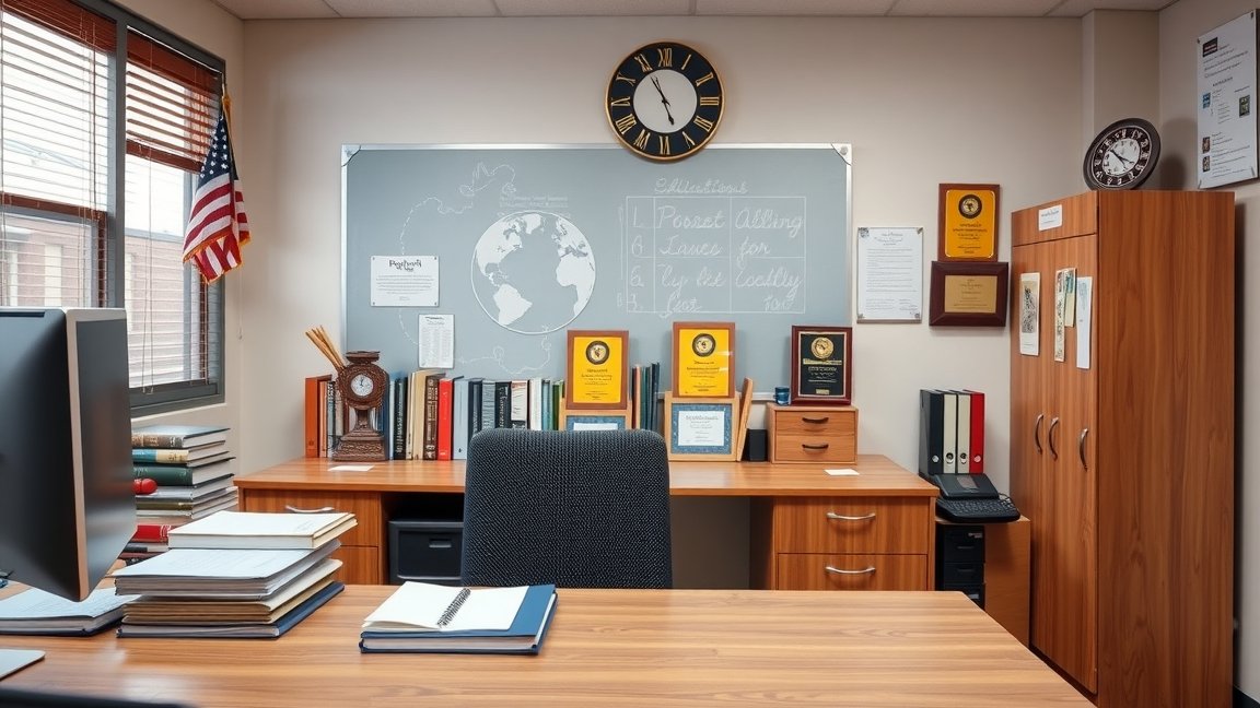 Iskolaigazgató iroda, díjak és könyvek az asztalon