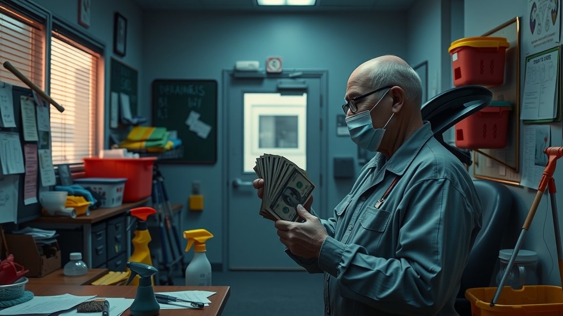 Iskolai portás pénzt számoló férfi egy iskola irodájában.