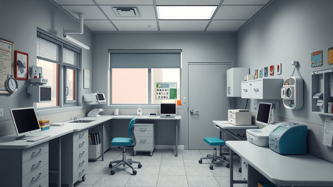 Iskolaorvosi rendelő, egészségügyi környezetben.