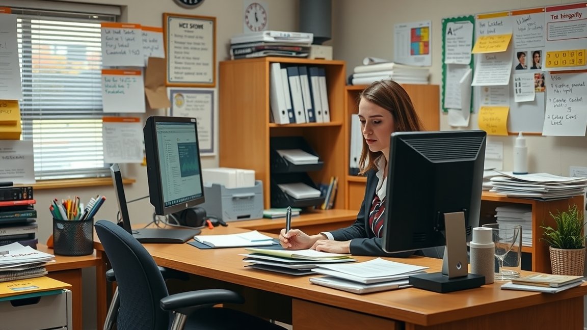 Iskolatitkár dolgozik az irodájában, papírok és számítógép között.