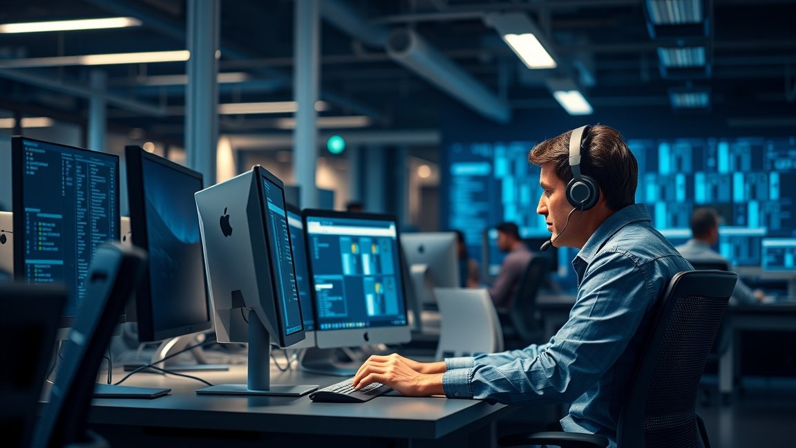 IT helpdesk munkatárs számítógép előtt, fejhallgatós