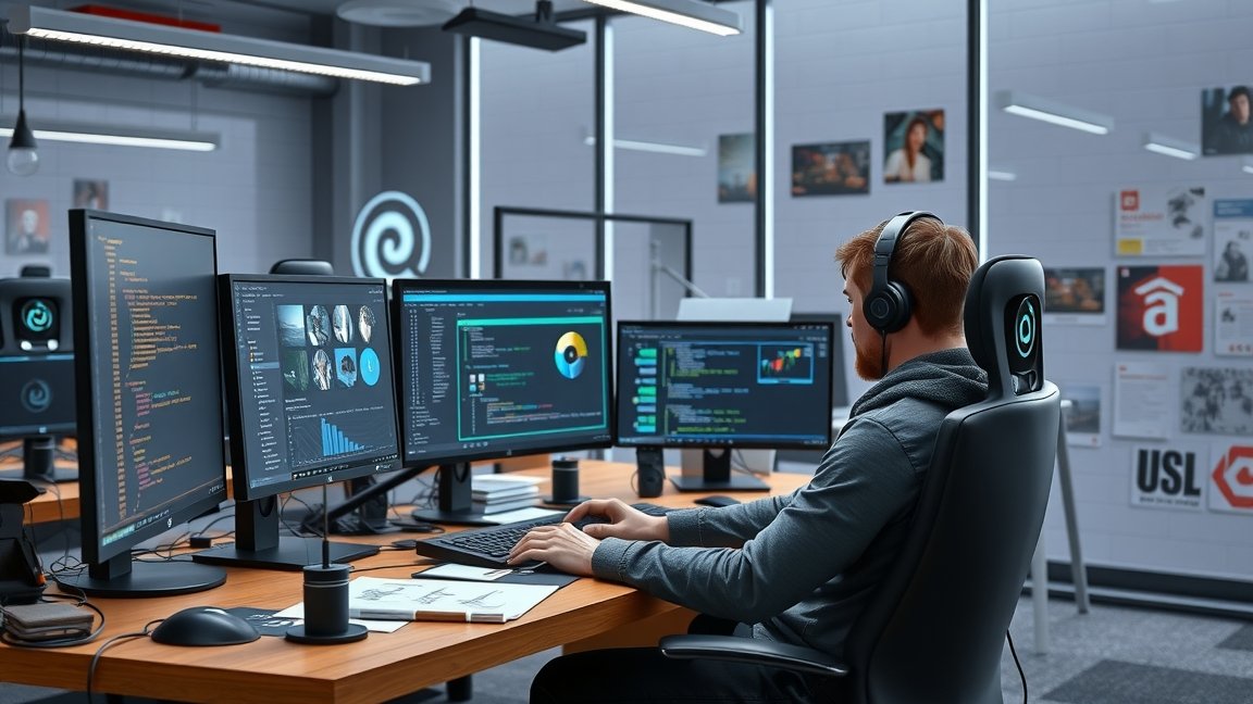 Játékfejlesztő programozás munkaállomásán, több képernyővel