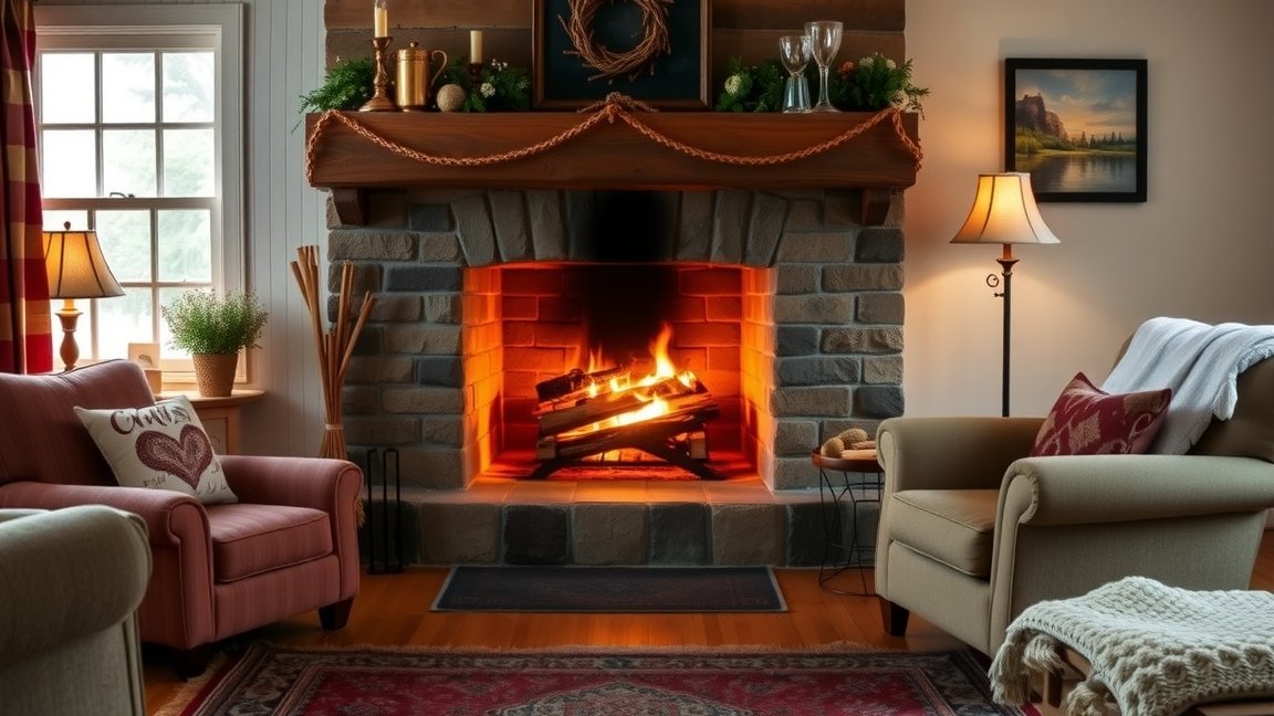 Kandalló égett fával a nappaliban, otthoni fűtés