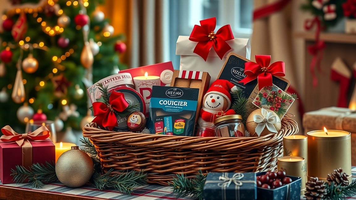 Karácsonyi ajándékkosár ünnepi dekorációval és édességekkel.