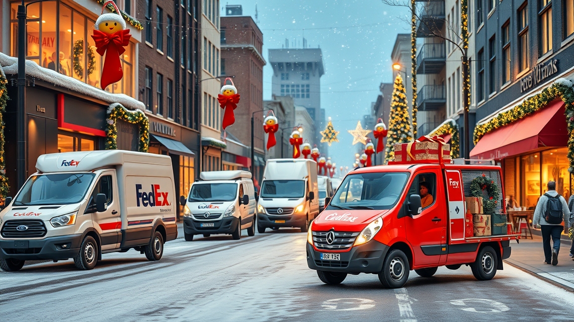 Karácsonyi ajándékok szállítása városban hóesésben