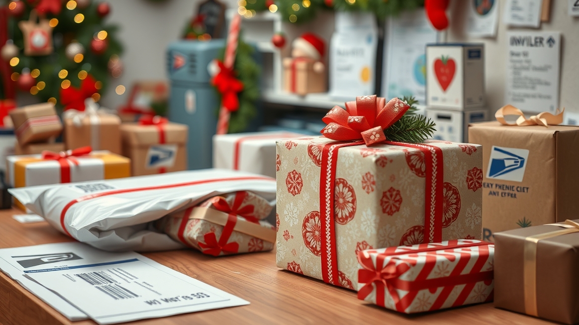 Karácsonyi ajándékok postázása, díszített csomagok az ünnepek előtt.