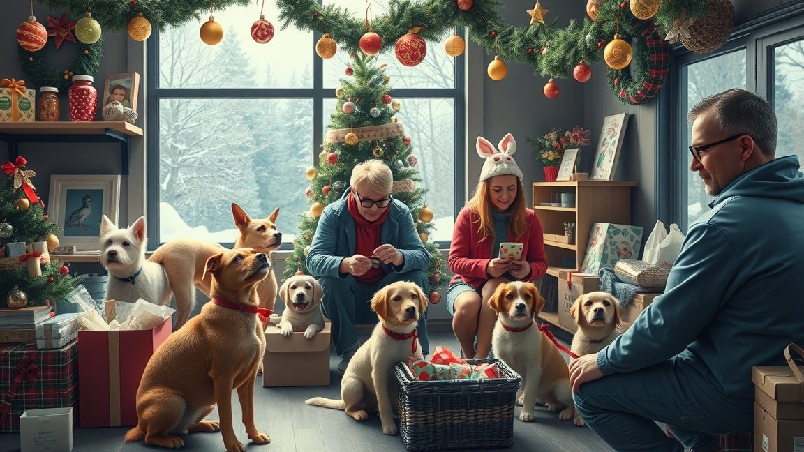 Karácsonyi állatmenhely támogatás kutyákkal és emberekkel.