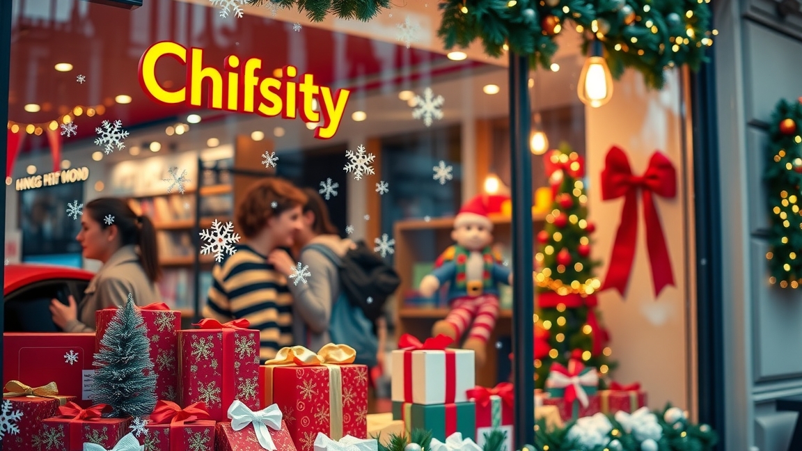 Karácsonyi dekoráció kirakat ünnepi hangulattal és ajándékcsomagokkal