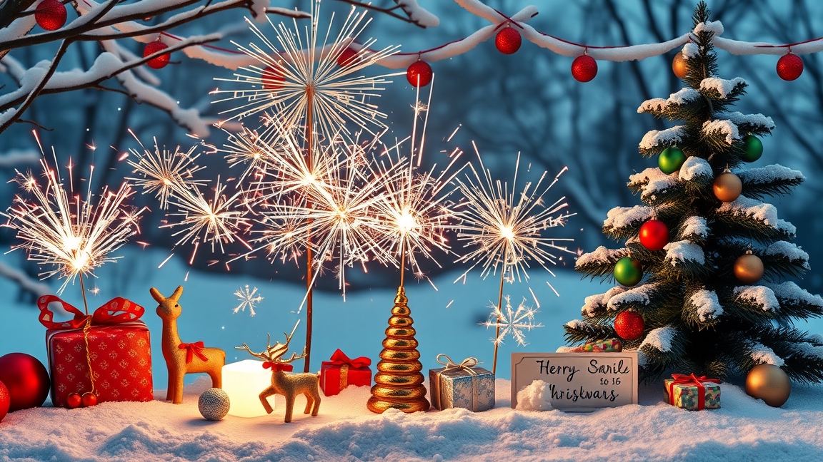 Karácsonyi csillagszórók, tűzijáték és díszek havas tájon.