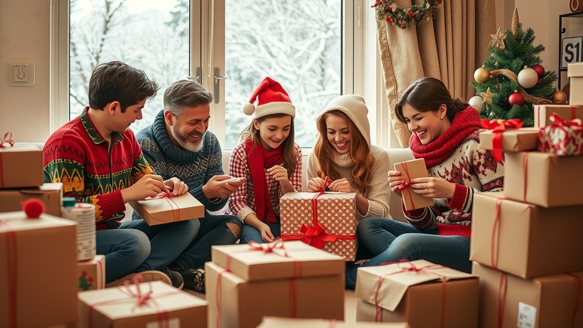 Család karácsonyi ajándékcsomagokat nyitogat egy ünnepi környezetben.