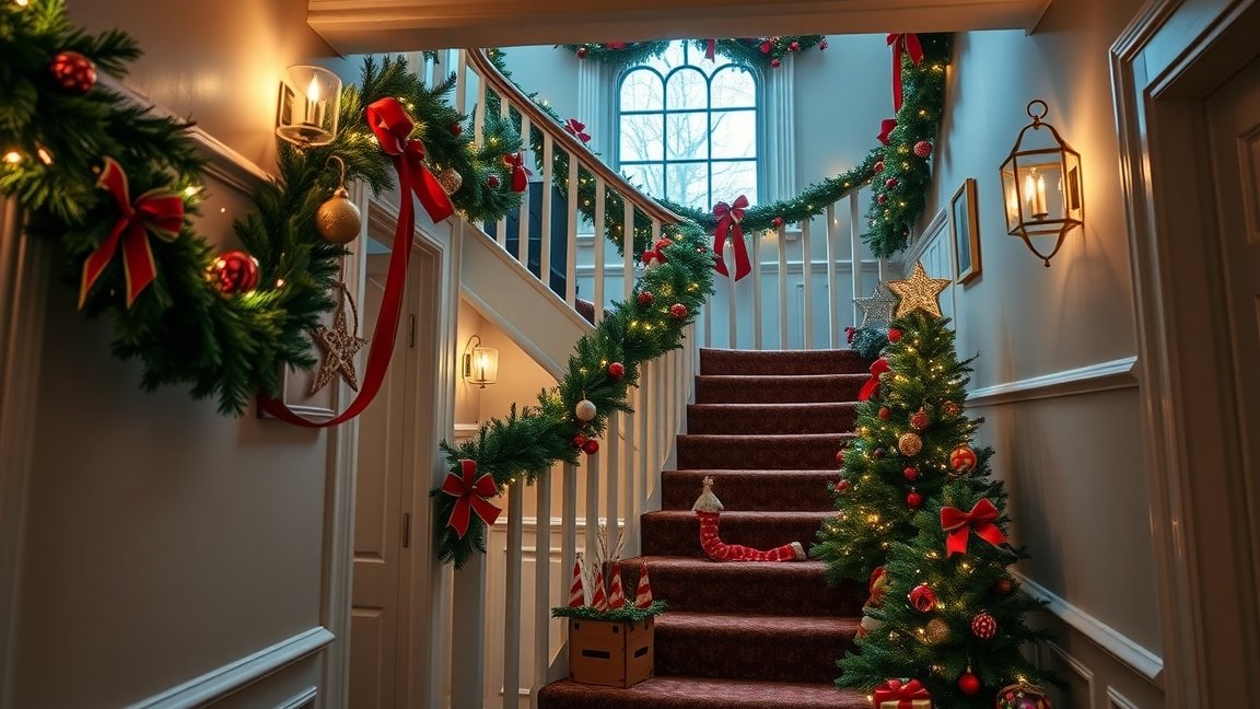 Karácsonyi dekoráció egy lépcsőházban fenyőgallyal és díszekkel