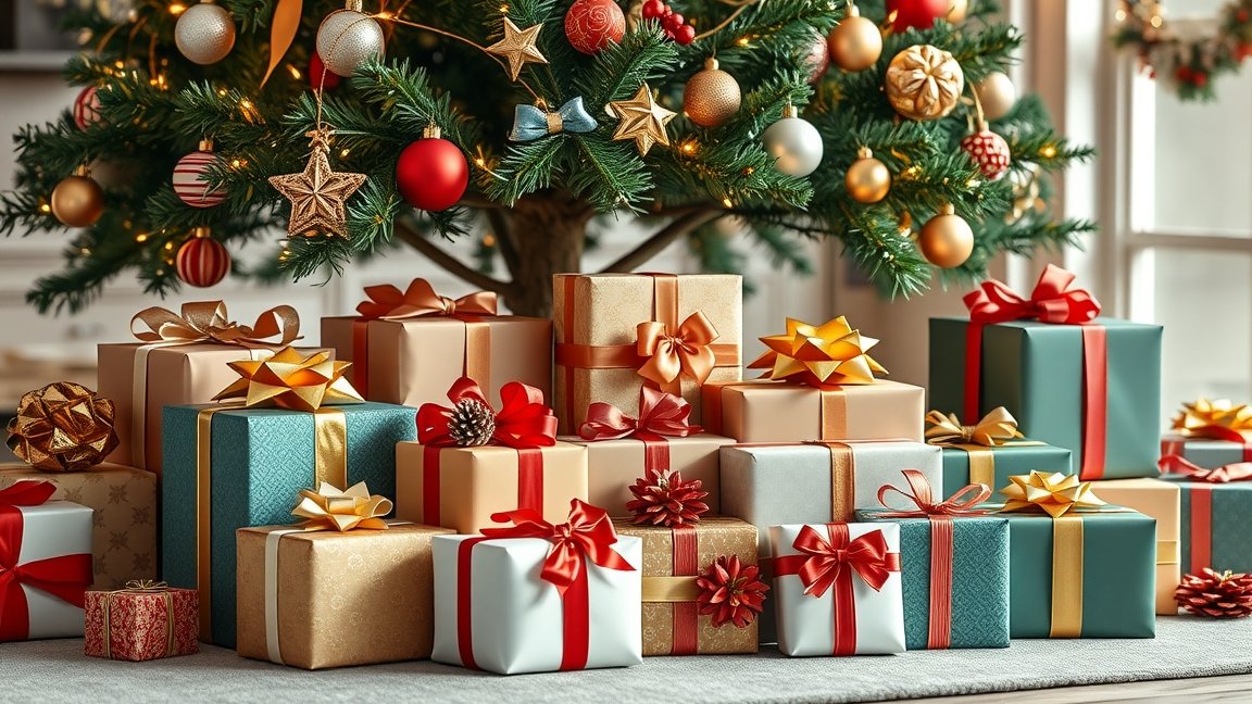 Karácsonyi díszcsomagok a karácsonyfánál