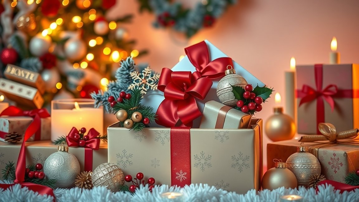 Karácsonyi díszdobozok ünnepi dekorációval és gyertyákkal