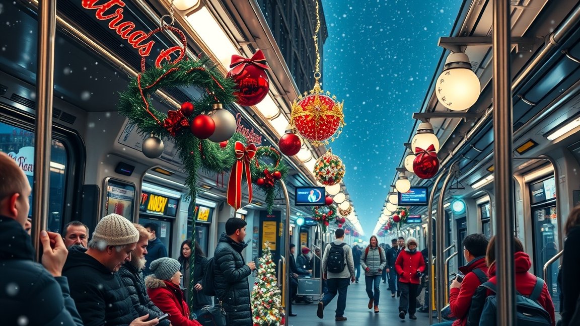 Karácsonyi díszítés a tömegközlekedésben, ünnepi utazás.