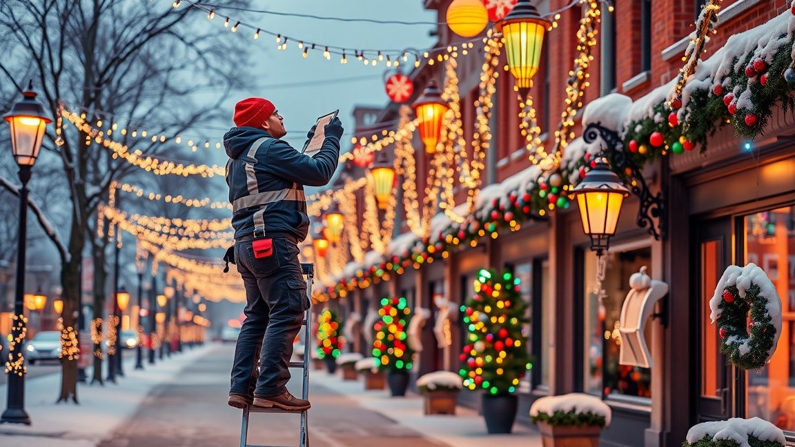 Férfi állványon karácsonyi fények karbantartása közben, havas utcában.
