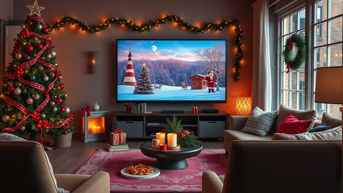 Karácsonyi filmest otthon, meghitt dekorációval és ételekkel.