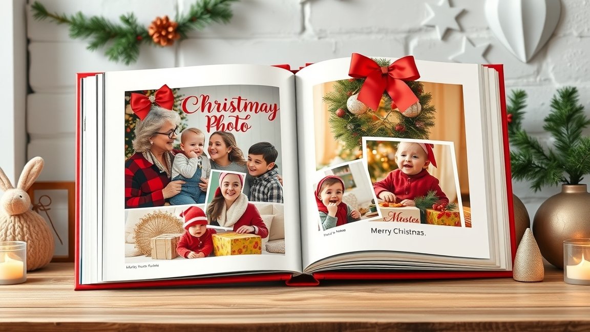 Karácsonyi fotókönyv, családi képek és díszítés.
