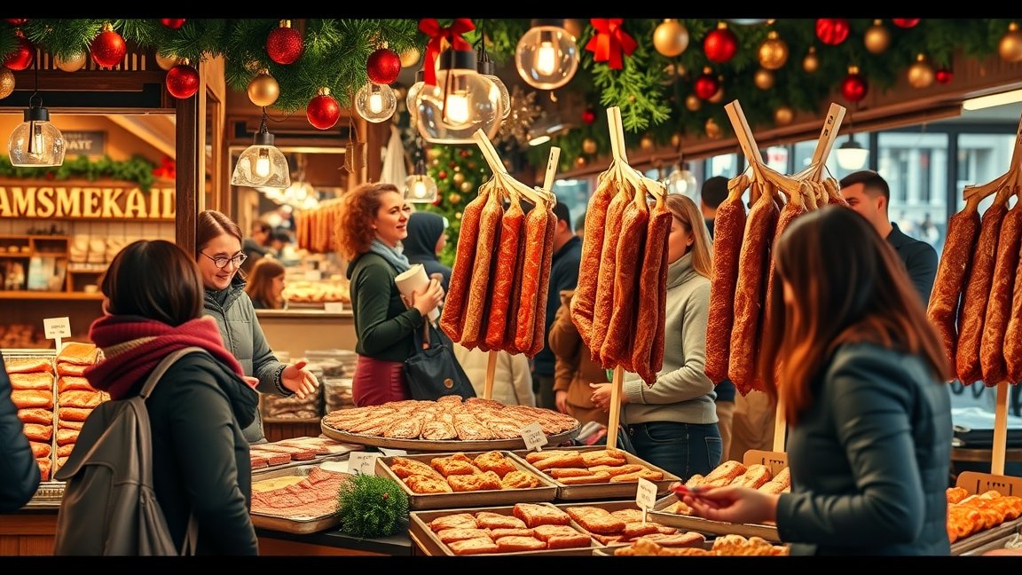 Füstölt húsok és péksütemények vásárlása karácsonyi piacon.