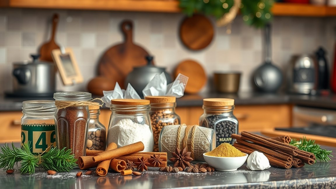 Karácsonyi fűszercsomag különböző fűszerekkel az ünnepi főzéshez.