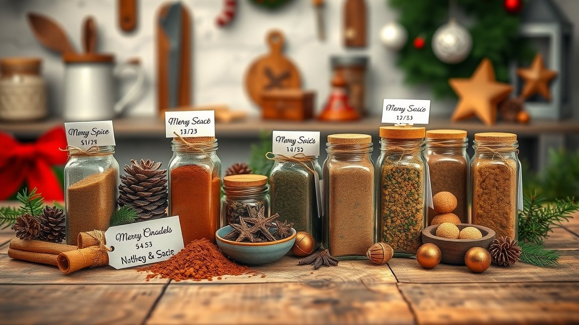 Karácsonyi fűszerek üvegekben az ünnepi dekoráció mellett.