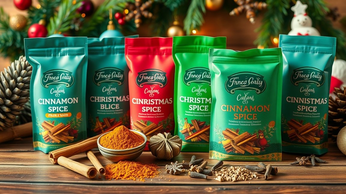 Karácsonyi fűszerkeverékek elegáns csomagolásban az ünnepi italokhoz.