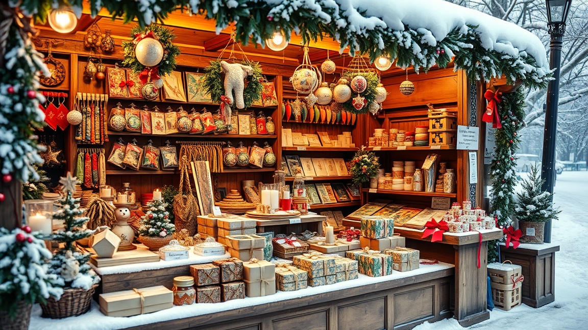 Karácsonyi kézműves termékek árusítóhelye ünnepi dekorációval.