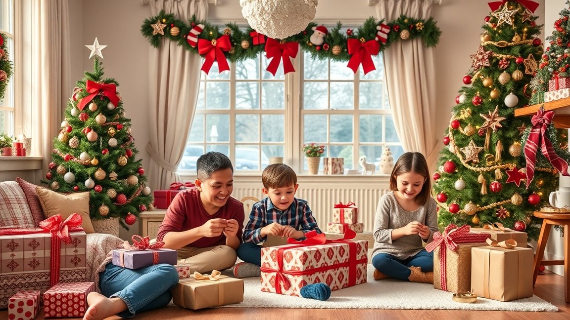 Gyerekek karácsonyi ajándékokat csomagolnak a feldíszített szobában.