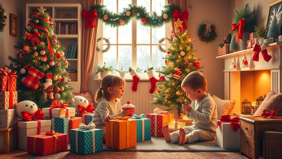 Két gyermek ünnepli a karácsonyt ajándékok között.