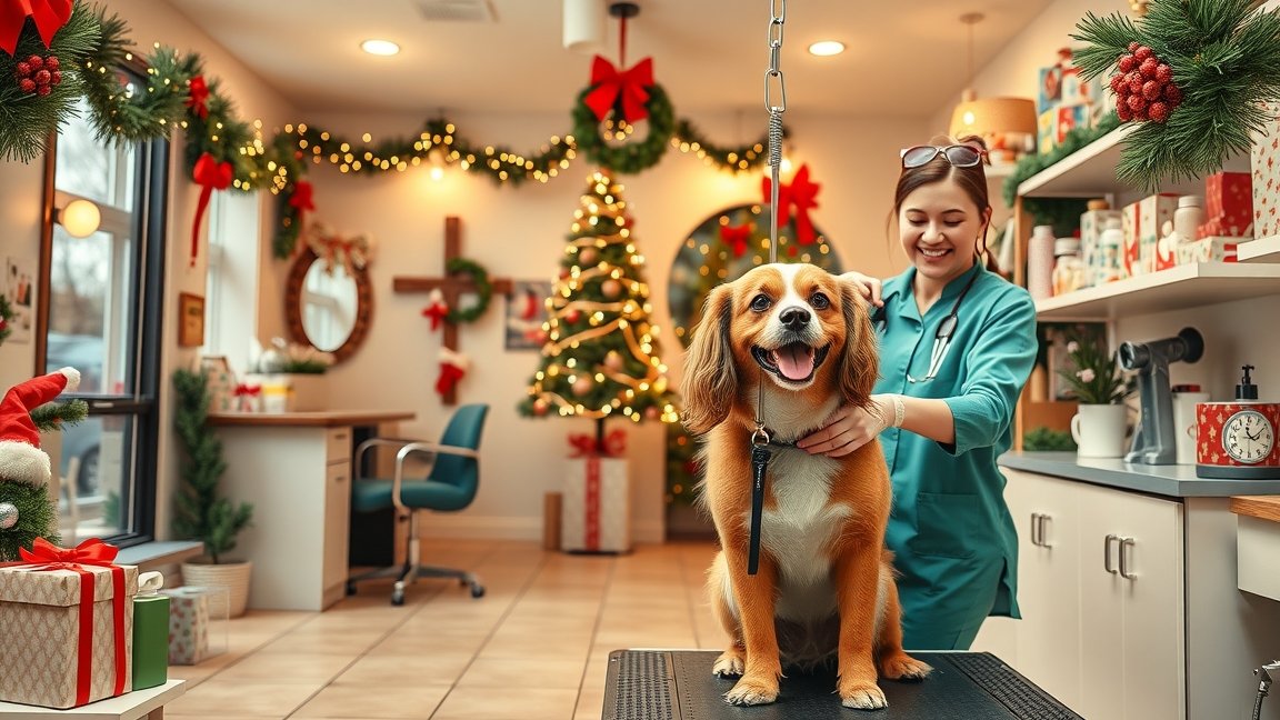 Karácsonyi kutyaszalon, kutya ápolása és készülés a szilveszterre.